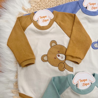 Kit 3 Peças - Bodys Manga Curta Bear - Verde, Azul e Caramelo